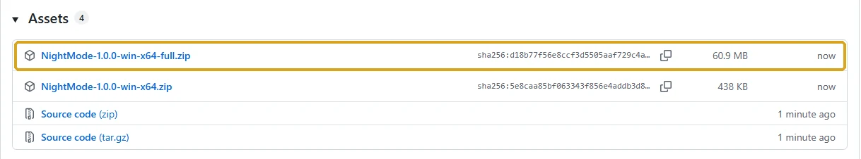 GitHub release page, Assets list, with NightMode-1.0.0-win-x64-full.zip highlighted