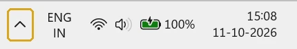 Windows taskbar tray with the ^ arrow for hidden icons highlighted