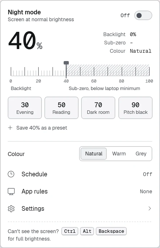 Night mode for Windows: the dim scale with a hatched sub-zero range past the laptop minimum, presets and colour options