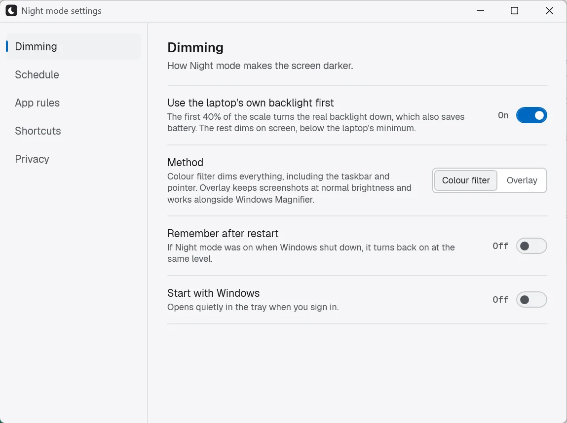 Night mode settings window: use the laptop's backlight first, colour filter or overlay, remember after restart, start with Windows